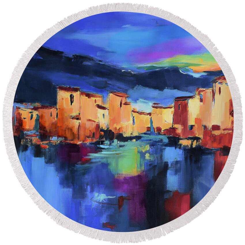 Cinque Terre Round Beach Towel featuring the painting Sunset Over the Village by Elise Palmigiani