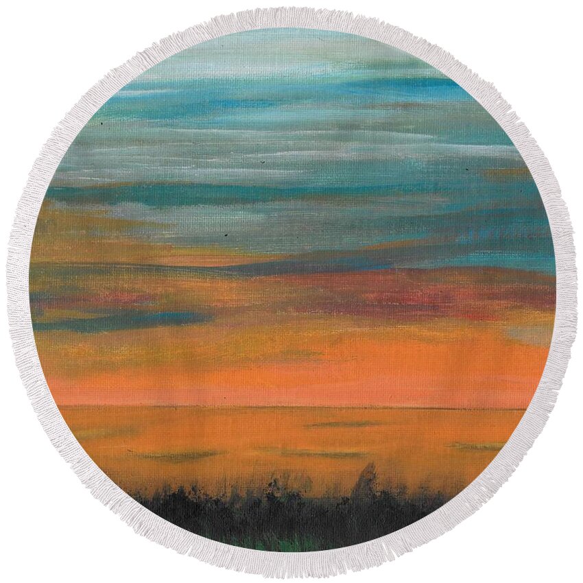 Sun Round Beach Towel featuring the painting Sunset Overseas by Esoteric Gardens KN
