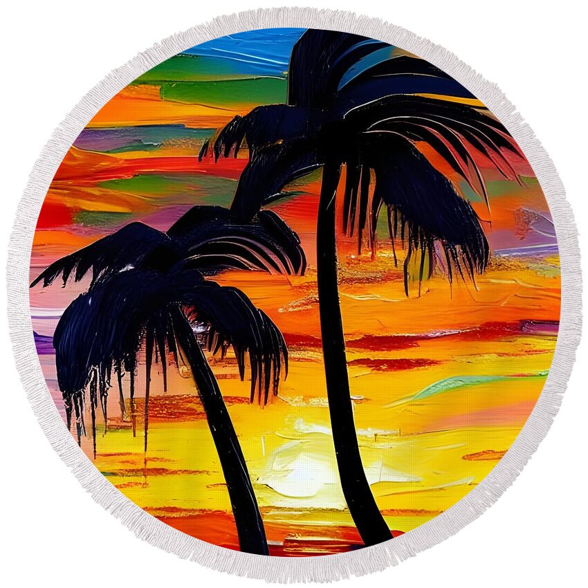 Sunset Round Beach Towel featuring the digital art Sunset Palms by Katrina Gunn