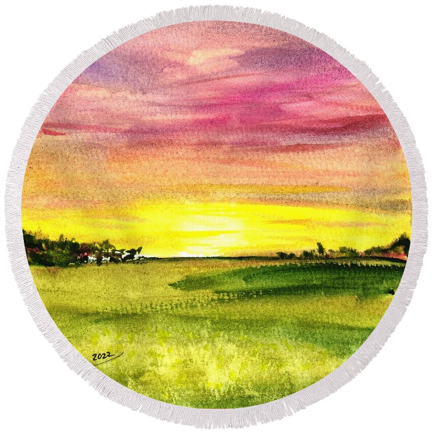 Sunset Round Beach Towel featuring the painting Sunset by Patti Powers