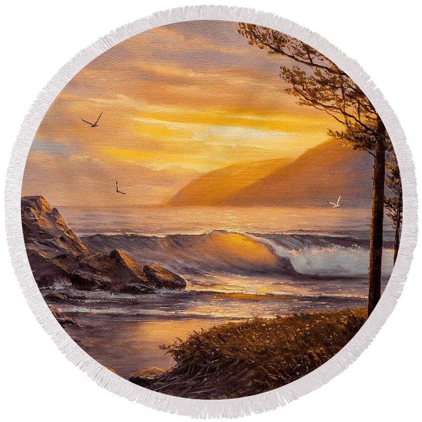 Sunset Round Beach Towel featuring the painting Sunset Seas by Teresa Trotter