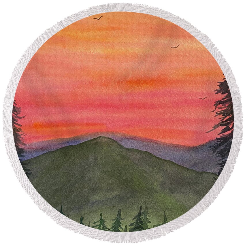 Sunset Round Beach Towel featuring the painting Sunset Trees by Lisa Neuman
