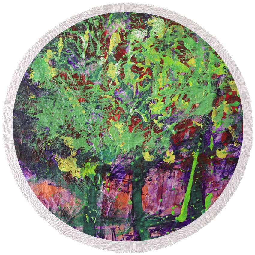 Sunset Round Beach Towel featuring the painting Sunset Trees by Tessa Evette