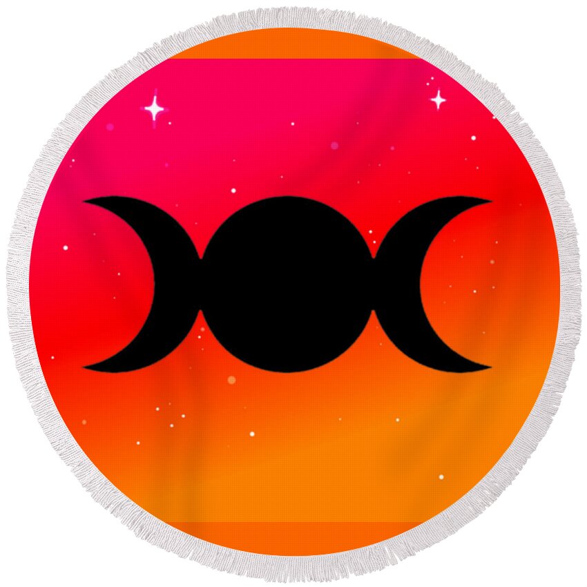 Digital Round Beach Towel featuring the digital art Sunset Triple Moon Goddess Symbol on Warm Ombre by Vicki Noble