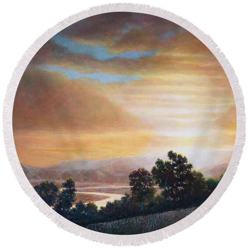 Landscape Round Beach Towel featuring the painting Sunset View by Douglas Castleman