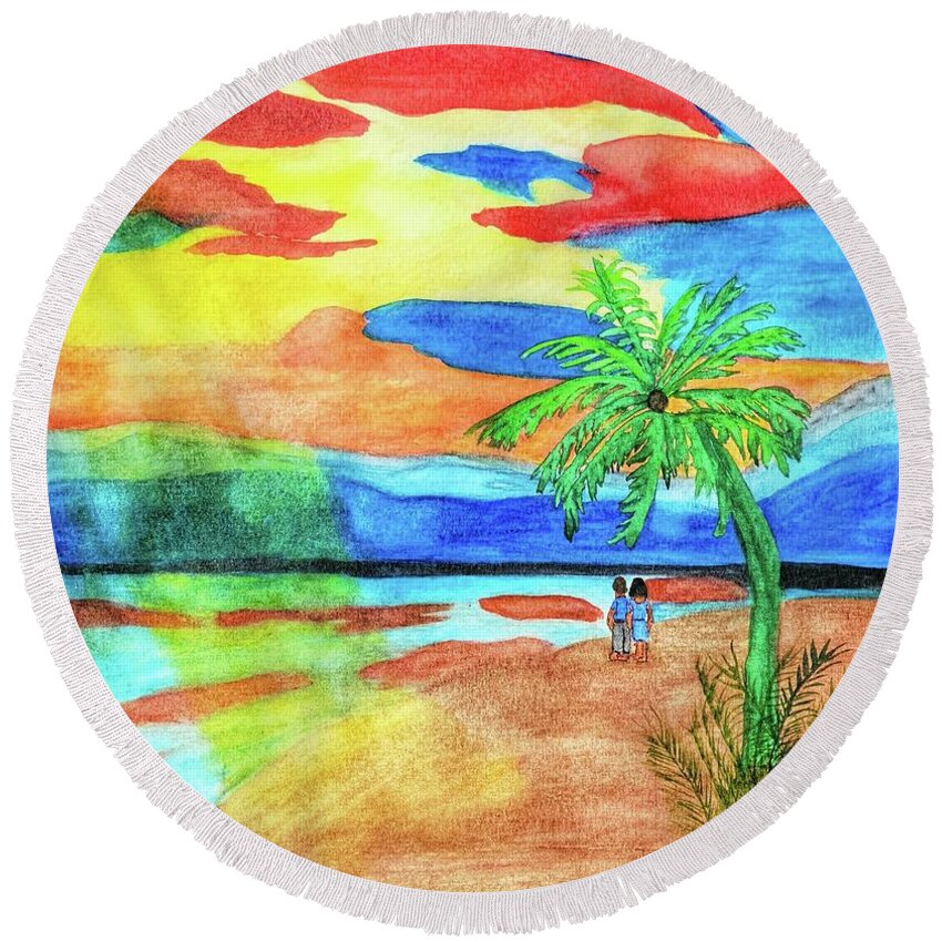 Sun Round Beach Towel featuring the painting Sunset Walk by Shady Lane Studios-Karen Howard
