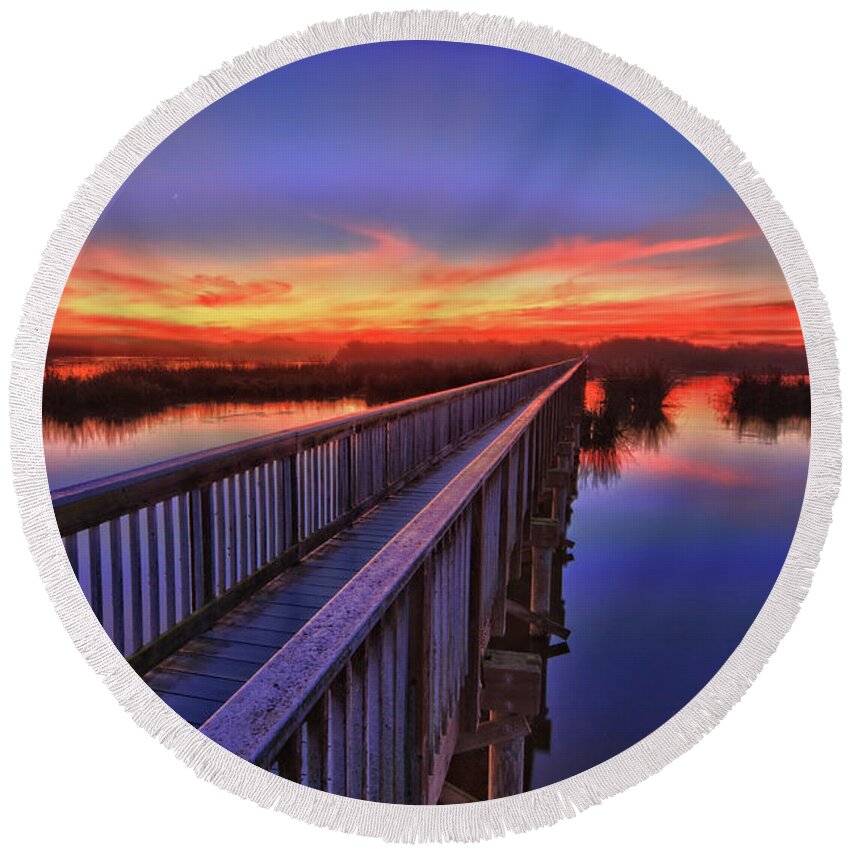 Oso Flaco Lake Round Beach Towel featuring the photograph Sunset Walkway by Beth Sargent