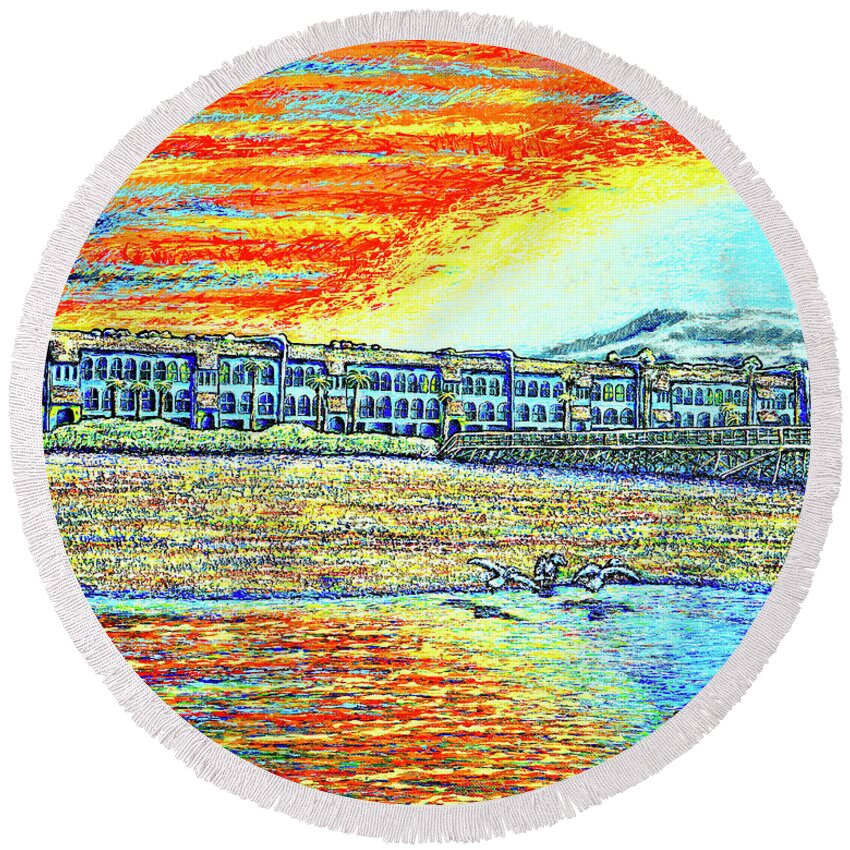 Sunset Round Beach Towel featuring the painting sunset,Jax beach by Viktor Lazarev