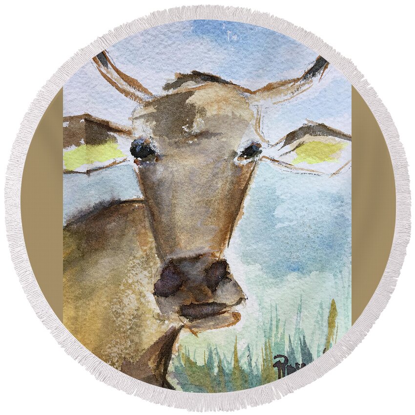 Cow Round Beach Towel featuring the painting Sunshine by Roxy Rich