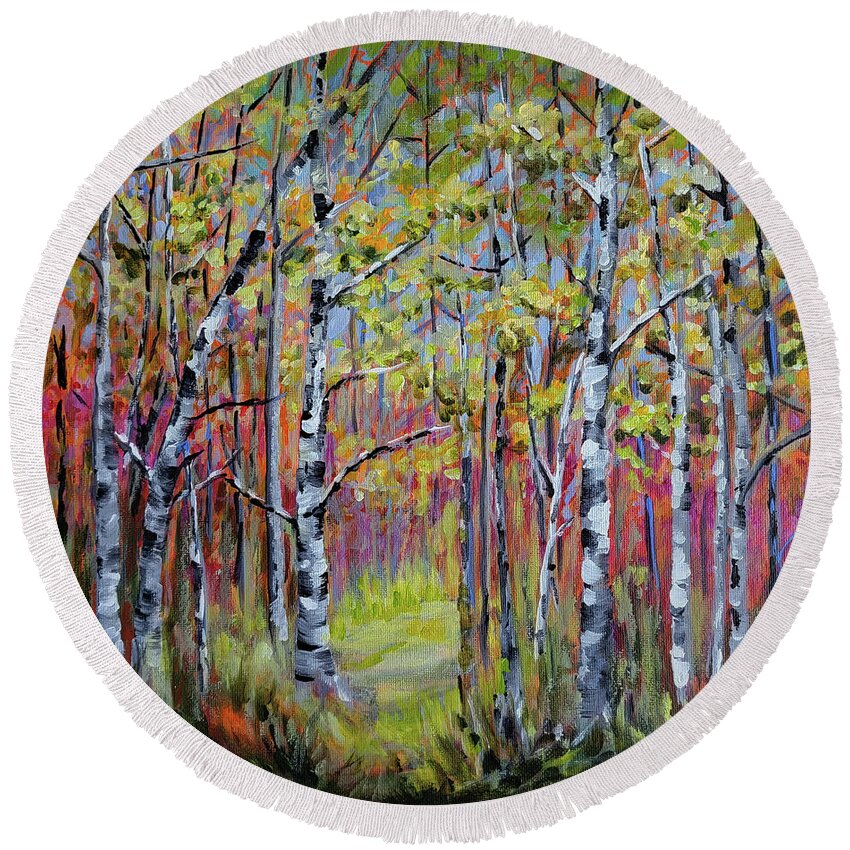 Birch Round Beach Towel featuring the painting Sunshiny Day by Jo Smoley