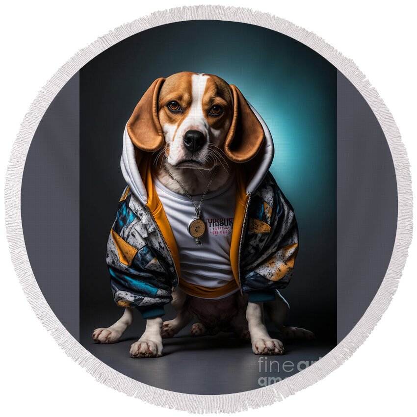 'sup Dawgg Round Beach Towel featuring the mixed media Sup Dawgg Beagle by Jay Schankman