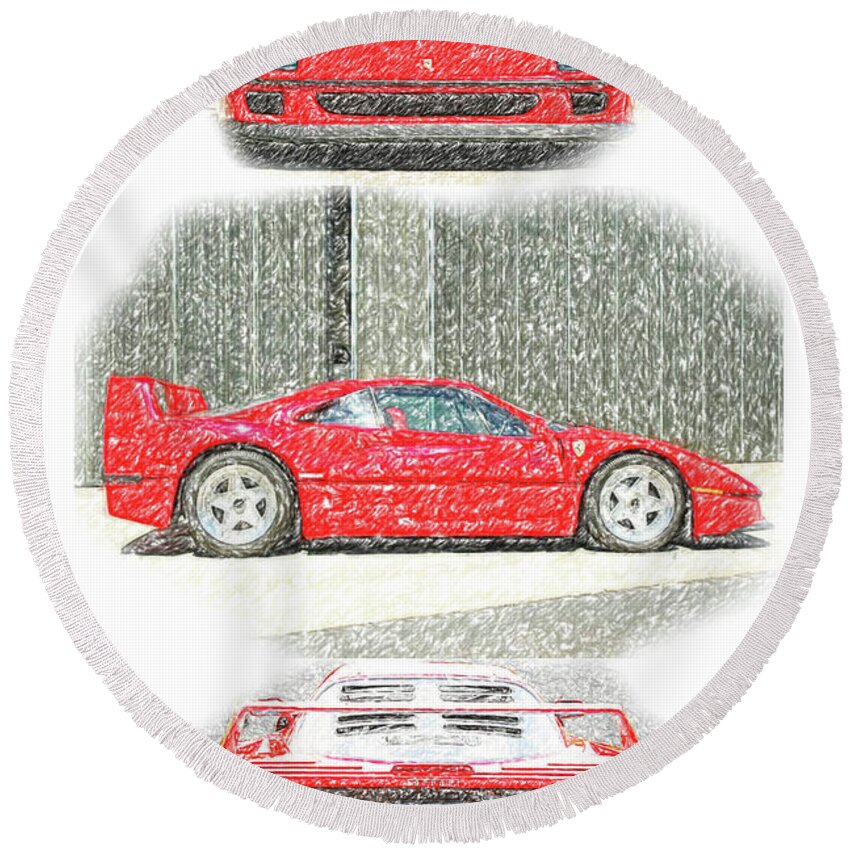 Ferrari Round Beach Towel featuring the drawing Supercar Sketch by Darrell Foster