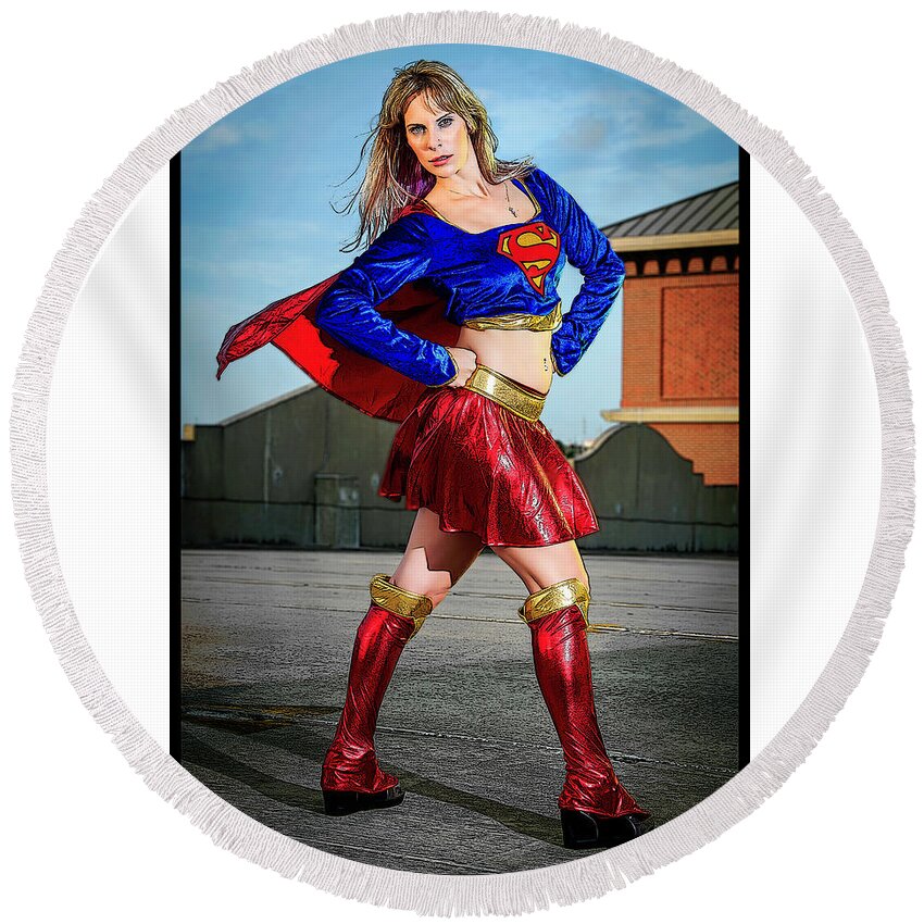 Cosplay Round Beach Towel featuring the pyrography Supergirl #3 by Christopher W Weeks