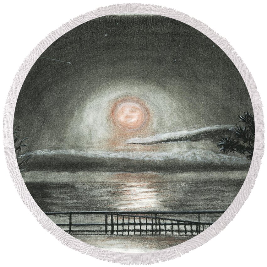 Supermoon Round Beach Towel featuring the drawing SuperMoon Rise Two by Mike Kling