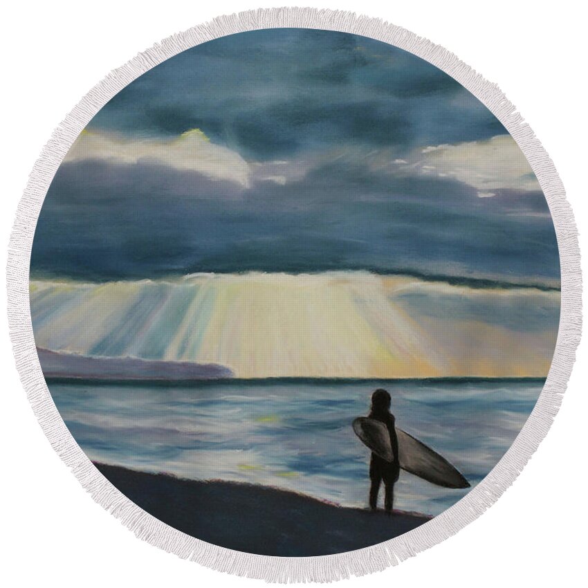 Beach Round Beach Towel featuring the painting Surfer at Sunrise by Jill Ciccone Pike