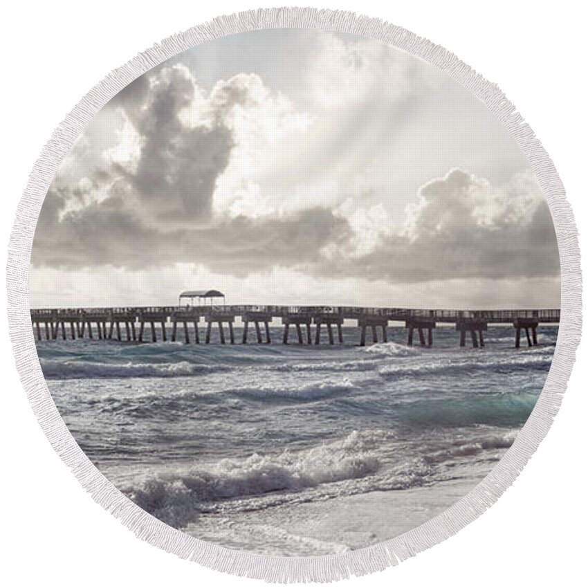 Clouds Round Beach Towel featuring the photograph Surfer on the Beach Panorama by Debra and Dave Vanderlaan