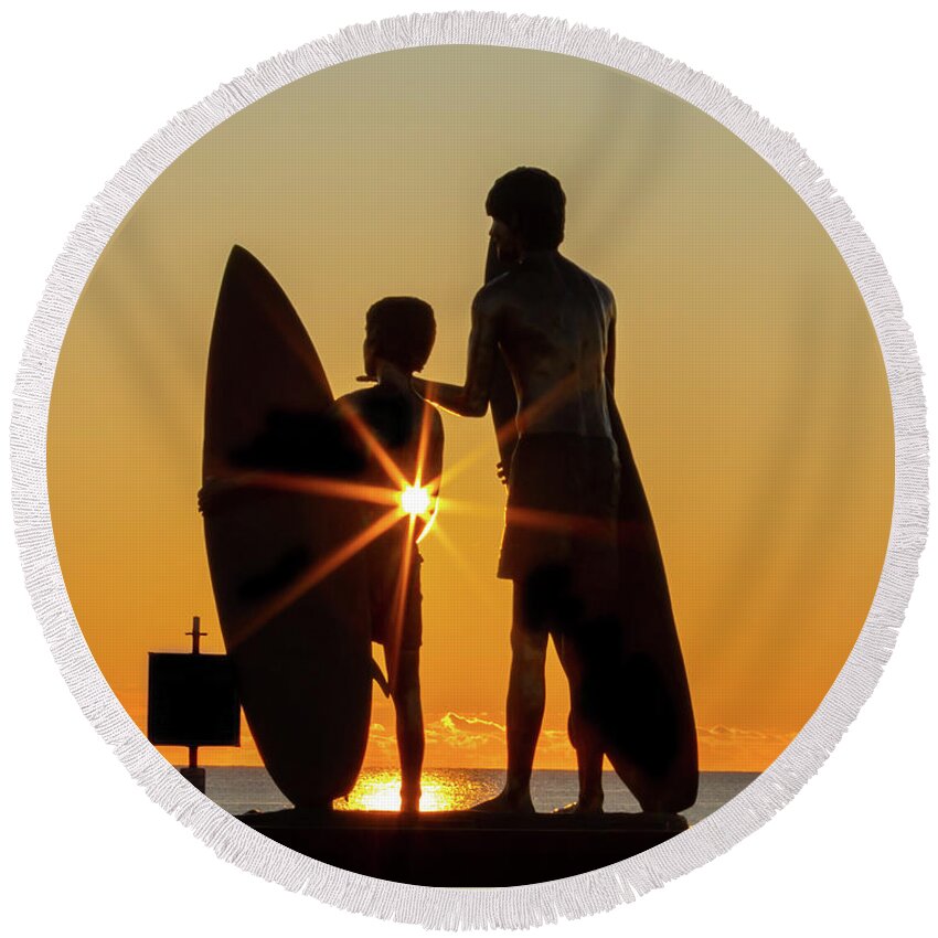 Virginia Beach Round Beach Towel featuring the photograph Surfer Silhouette at Sunrise by Donna Twiford