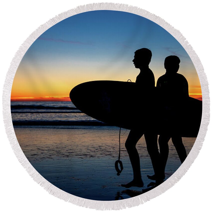 Athlete Round Beach Towel featuring the photograph Surfers' Silhouette by David Levin