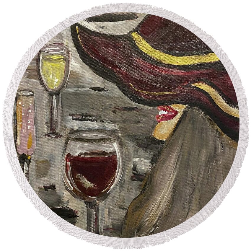 Wine Smile Surprise Hat Woman Round Beach Towel featuring the painting Surprise Me by Kathy Bee
