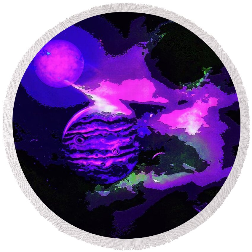  Round Beach Towel featuring the digital art Surreal Planets and Clouds in Space by Don White Artdreamer