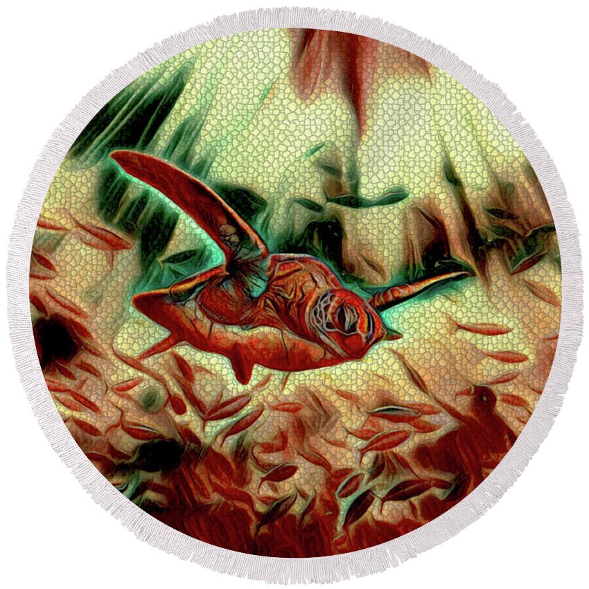 Surreal Round Beach Towel featuring the digital art Surreal Sea Turtle Swimming with Fish Mosaic by Shelli Fitzpatrick