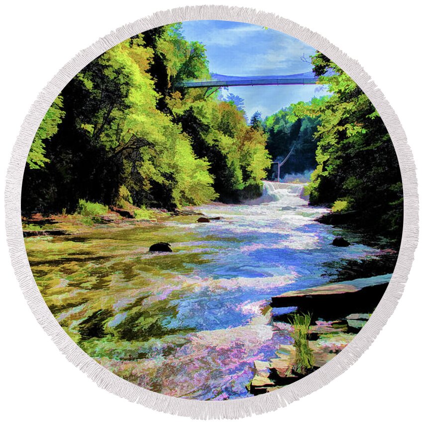 Impressionist Round Beach Towel featuring the photograph Suspension Bridge at Cornell by Monroe Payne