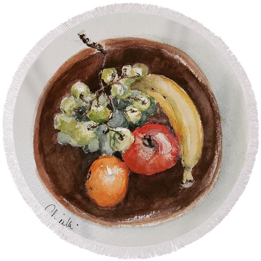 Still Life Round Beach Towel featuring the painting Sustenance in a Wooden Bowl by Sheila Romard