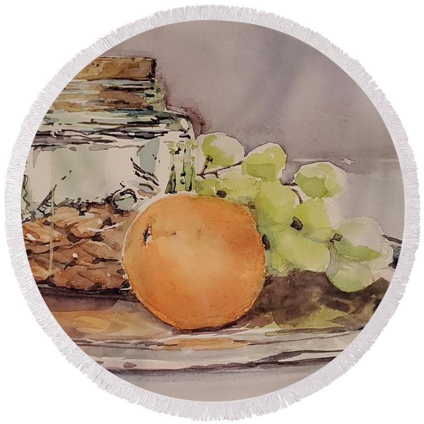 Still Life Round Beach Towel featuring the painting Sustenance on a Silver Platter by Sheila Romard