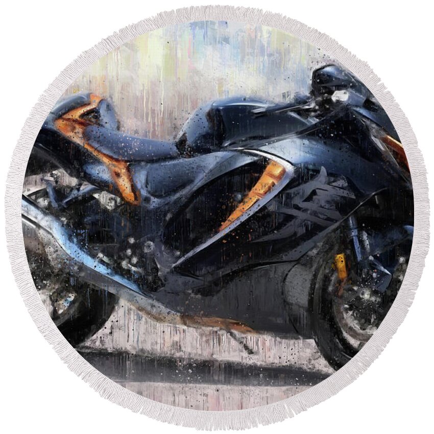 Motorcycle Round Beach Towel featuring the painting SUZUKI HAYABUSA GSX1300R Motorcycles by Vart by Vart