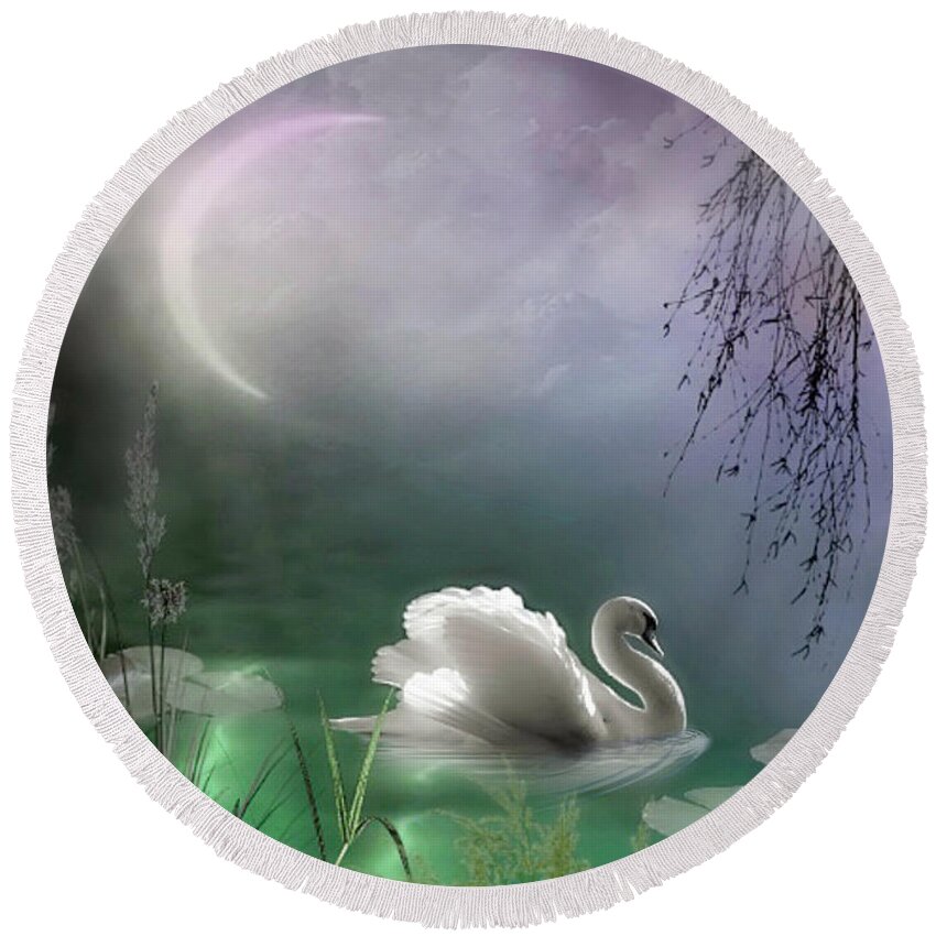 Swan Round Beach Towel featuring the mixed media Swan by Moonlight by Morag Bates