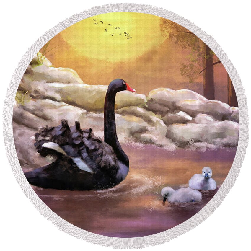 Swan Round Beach Towel featuring the digital art Swans Swimming At Sunset by Lois Bryan