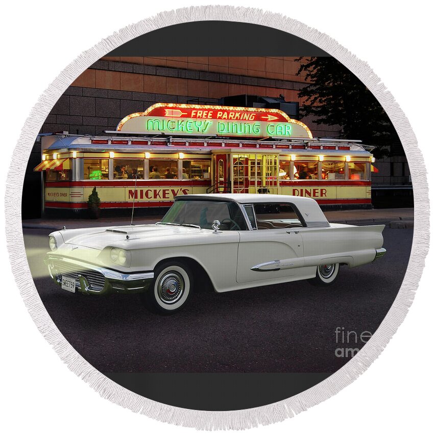Sweet 59 Round Beach Towel featuring the photograph Sweet 59 At Mickey's Diner by Ron Long