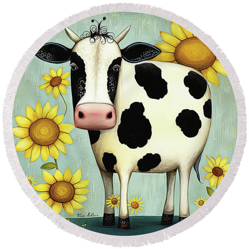 Cow Round Beach Towel featuring the painting Sweet Sunflower Cow by Tina LeCour