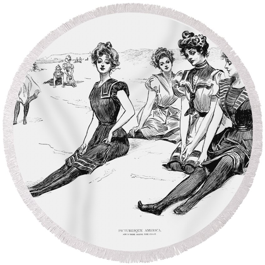 1900 Round Beach Towel featuring the drawing Swimsuits, 1900 by Charles Dana Gibson