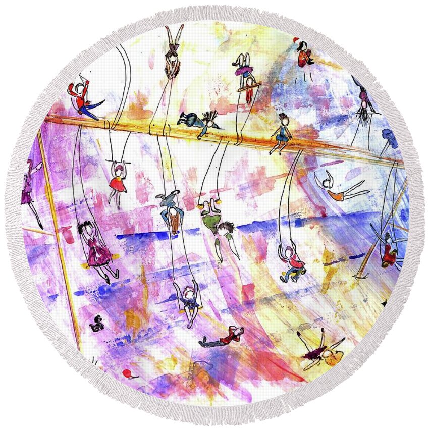 Swingset Whimsy Round Beach Towel featuring the painting Swingset Whimsy Playground Series by Patty Donoghue
