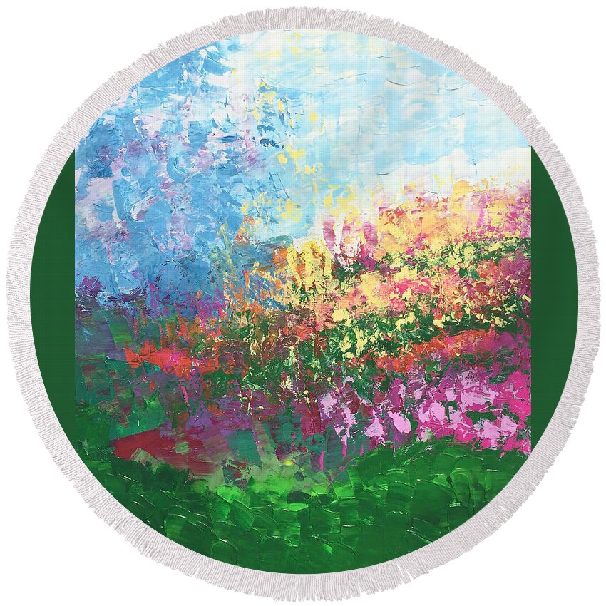 Swiss Round Beach Towel featuring the painting Swiss Meadow by Linda Bailey