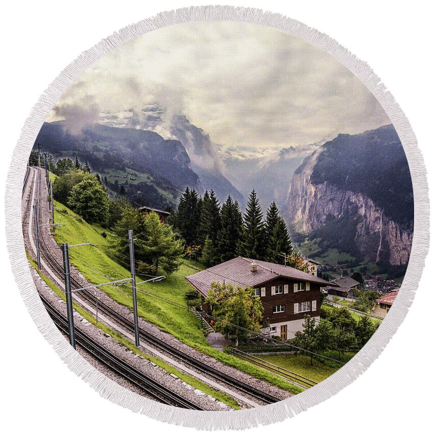 Switzerland Round Beach Towel featuring the photograph Switzerland Railroad by Jim Mathis