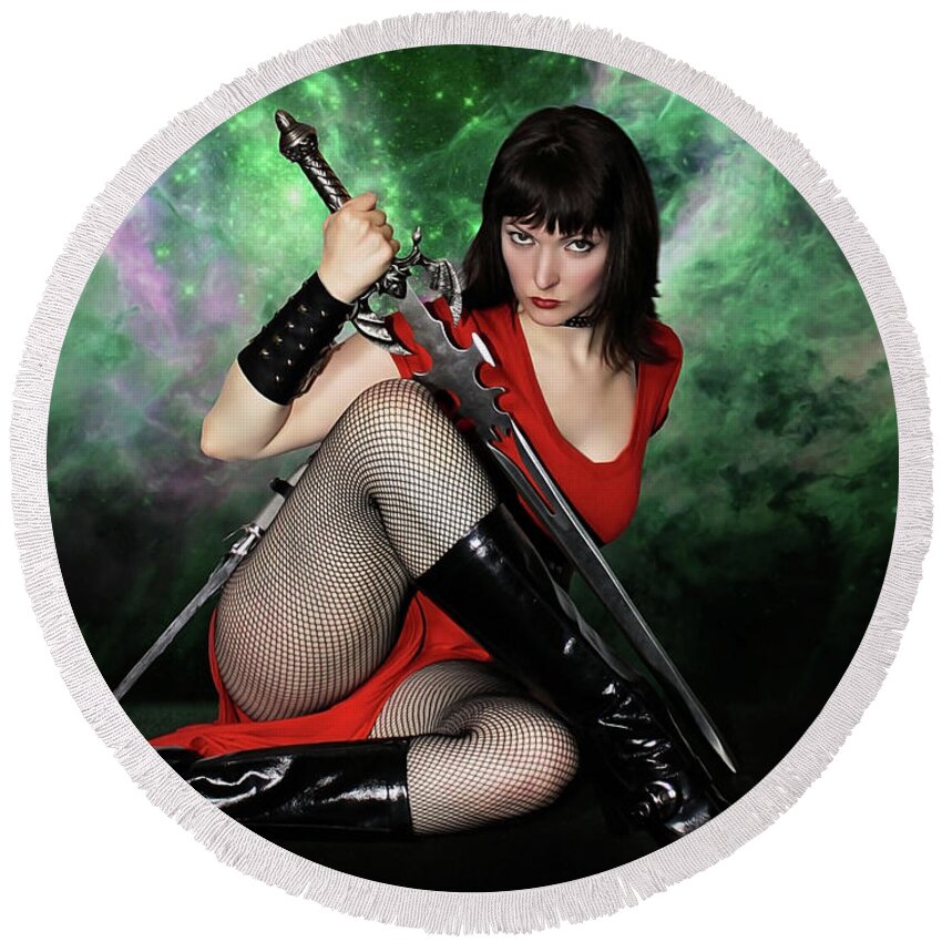 Fantasy Round Beach Towel featuring the photograph Sword And Fishnets by Jon Volden