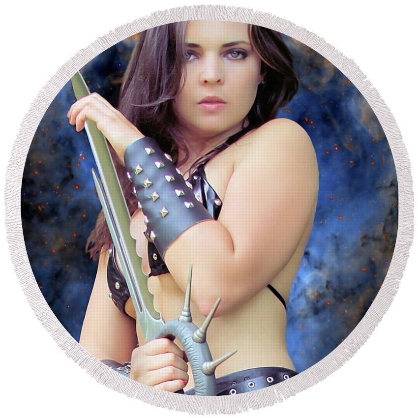 Sword Round Beach Towel featuring the photograph Sword Woman by Jon Volden