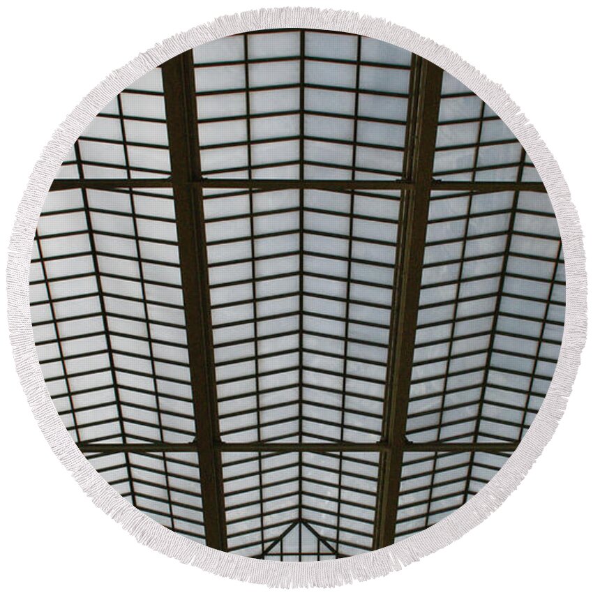 Architecture Round Beach Towel featuring the photograph Symmetrical Glass Roof by Moira Law