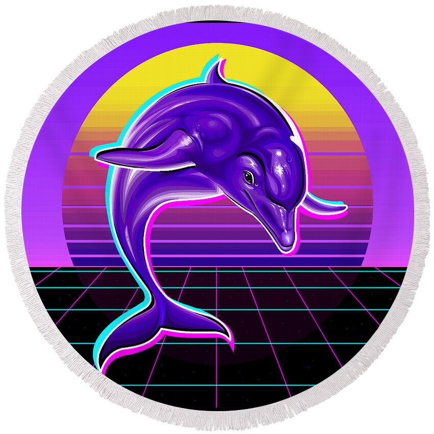 Ecco Round Beach Towel featuring the digital art Synthwave Dolphin by Shawn Dall