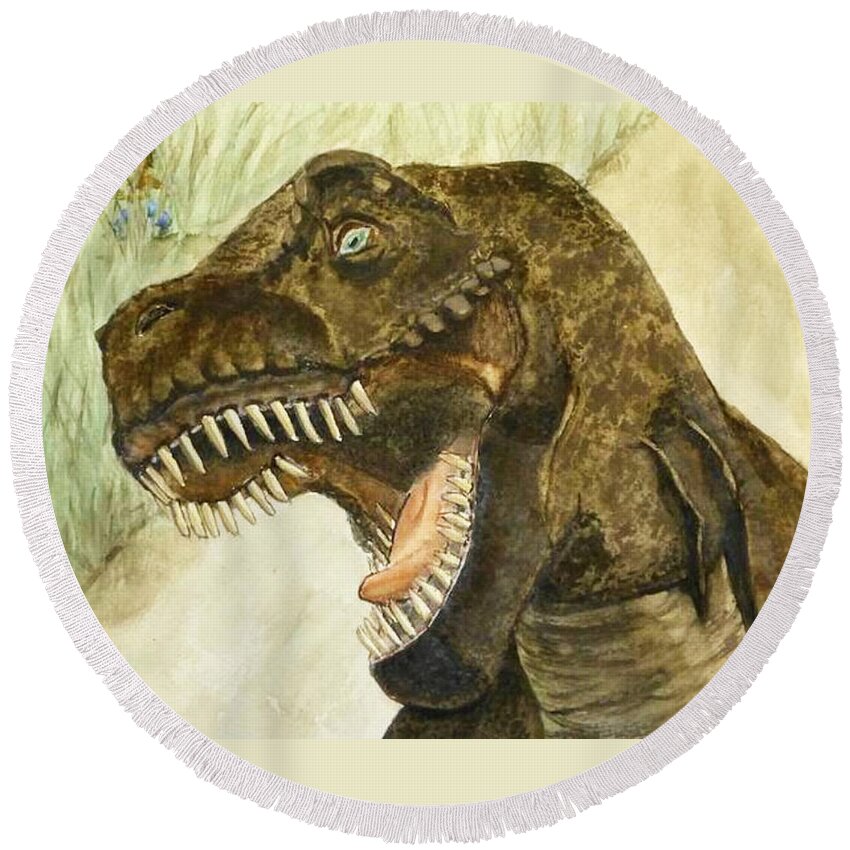 T-rex Round Beach Towel featuring the painting T-Rex..... RUN by Kelly Mills