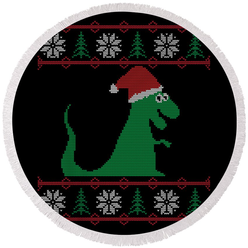 Christmas 2023 Round Beach Towel featuring the digital art T-Rex Santa Ugly Christmas Sweater by Flippin Sweet Gear
