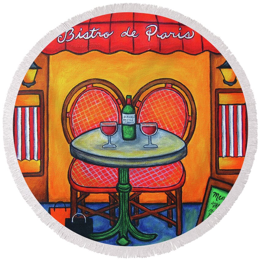 Paris Round Beach Towel featuring the painting Table for Two in Paris by Lisa Lorenz