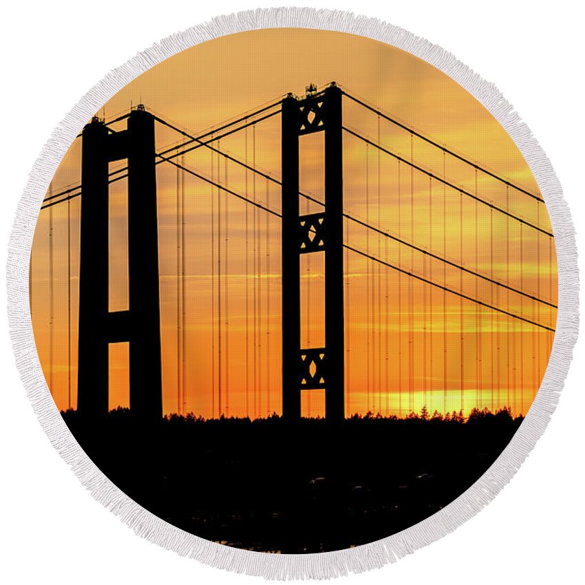 Tacoma Round Beach Towel featuring the photograph Tacoma Narrows Bridges Fiery Sunset by Rob Green