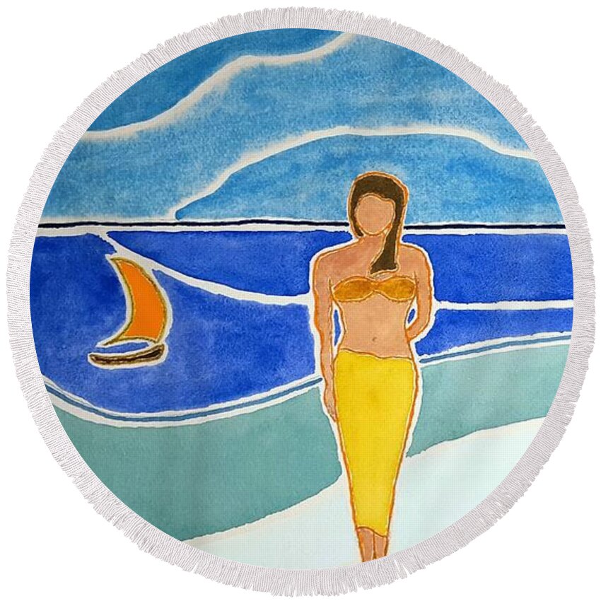 Watercolor Round Beach Towel featuring the painting Tahitian Shore by John Klobucher