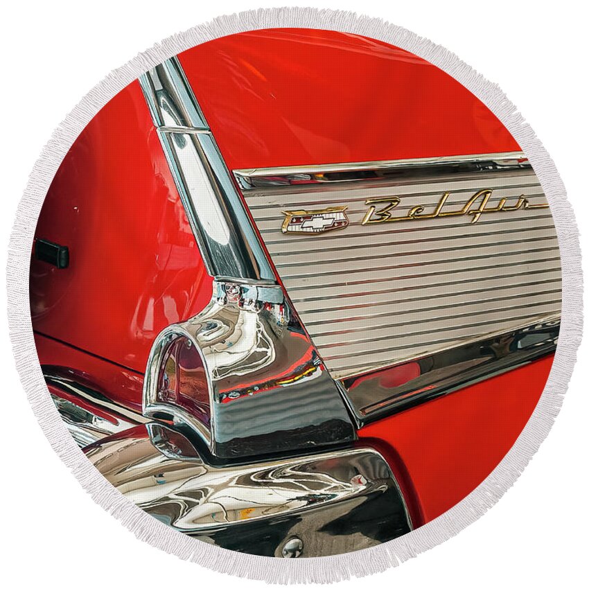 © 2012 Lou Novick Round Beach Towel featuring the photograph Tail Fin 1956 Chevy Bel Air by Lou Novick