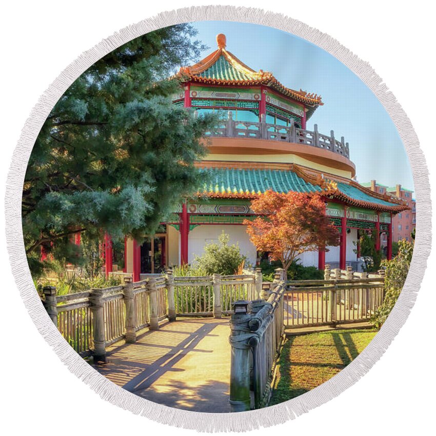 Pagoda Round Beach Towel featuring the photograph Taiwan Friendship Pavillion - Norfolk by Susan Rissi Tregoning