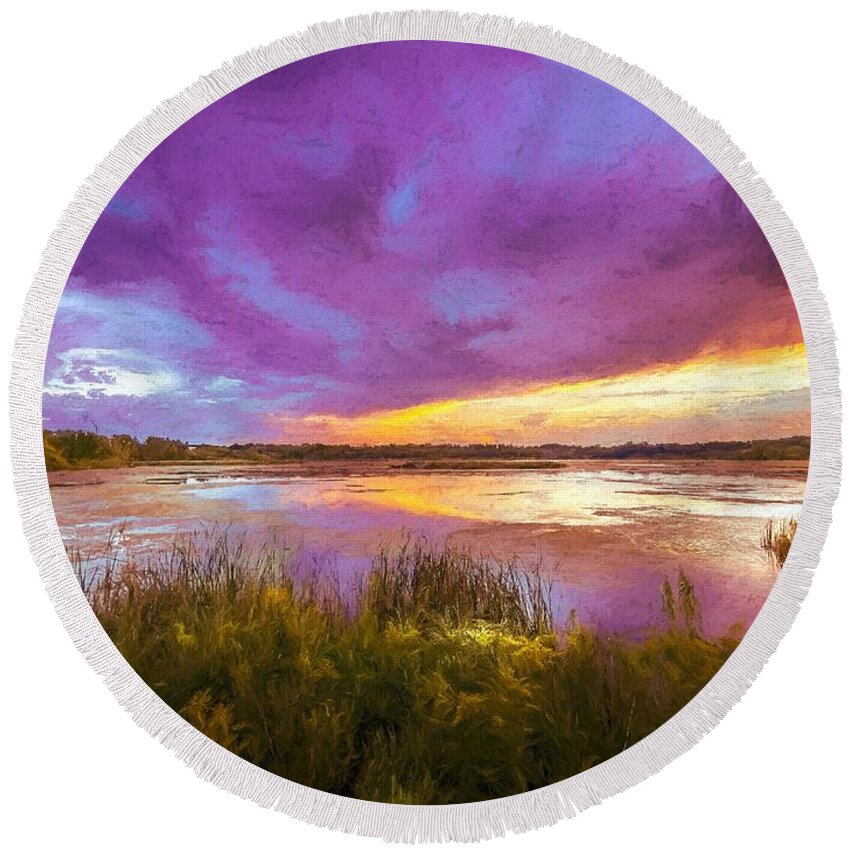 Sunset Round Beach Towel featuring the mixed media Take My Breath Away Oil Painting by Susan Rydberg