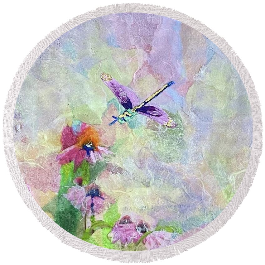 Dragonfly Round Beach Towel featuring the painting Taking Flight Cropped 3 by Nancy Breiman